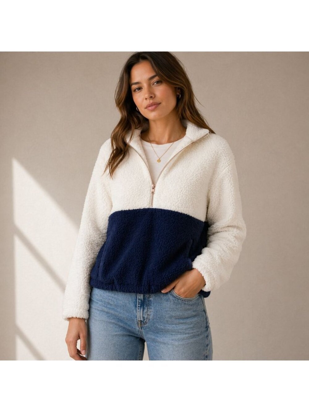 NWT EVEREVE Sherpa Fleece Quarter Zip Pullover Hoodie Colorblock Cream Navy XS
